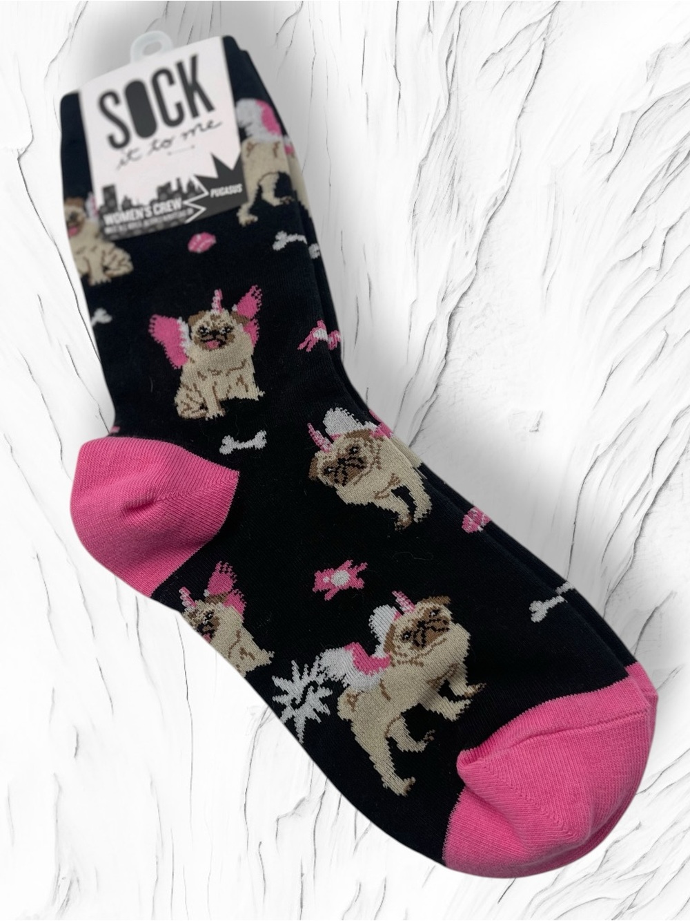 Sock It to Me NWT Pugasus Flying Pug Unicorn Women's Crew Socks Pink Black